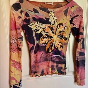 Vibrant Italian made floral Sequin double mesh lettuce edge long sleeve top Sz S